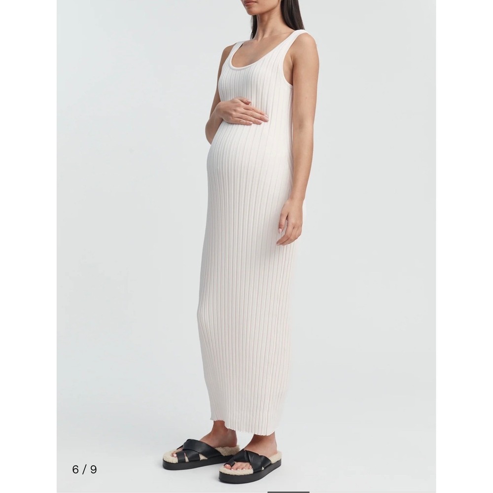 White Ribbed Knit Maternity Maxi Dress Sleeveless Scoop Neck Bodycon Tank Dress - Picture 2 of 12